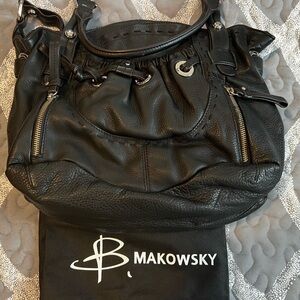 B Makowsky Black Leather Shoulder Bag with Zip Accent